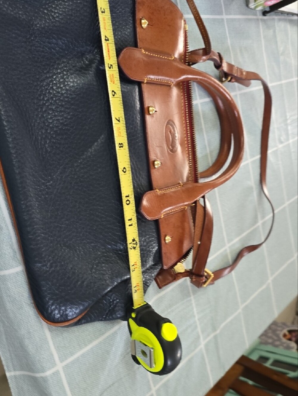 Dooney & Bourke Navy Pebbled Leather Satchel with Brown Trim - Picture 8 of 11
